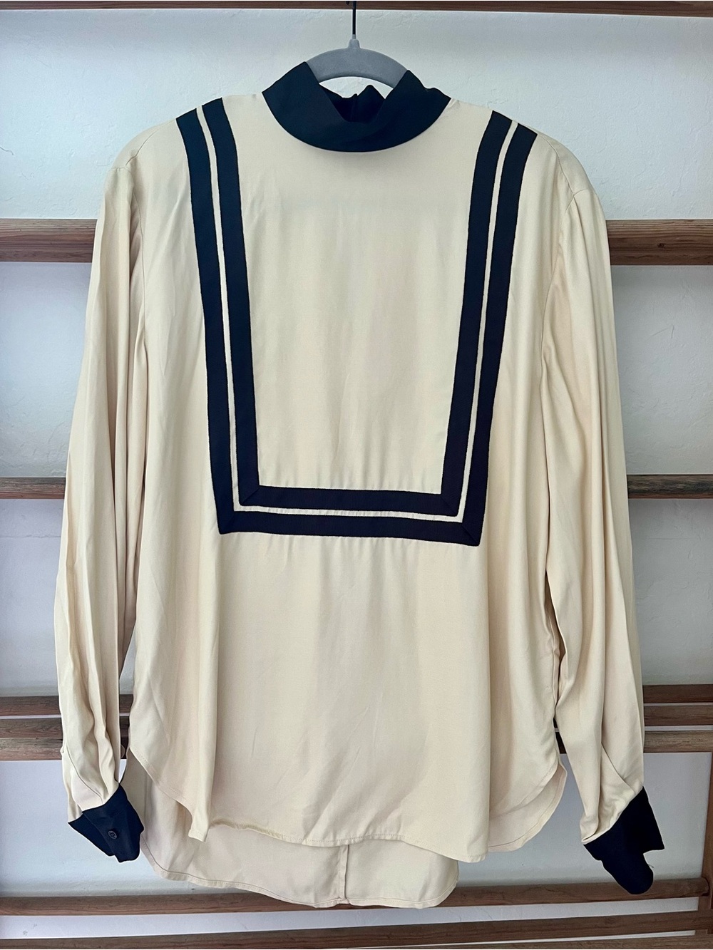 Women's Cream Blouse with Brown Trim and High Neck